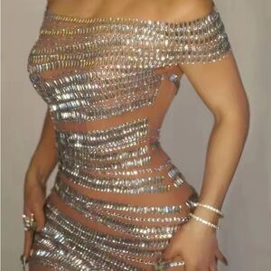 Silver Rhinestone Off-Shoulder Dress